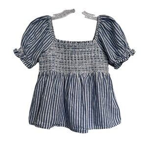American Eagle Sz S Top Blue White Stripe Smocked Puff Sleeve Babydoll Y2K Linen